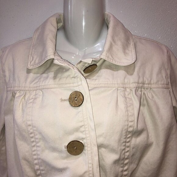 Chicos Womens Medium / 1 Cream Big Button Front Pockets Denim Jean Jacket Coat - Picture 4 of 9